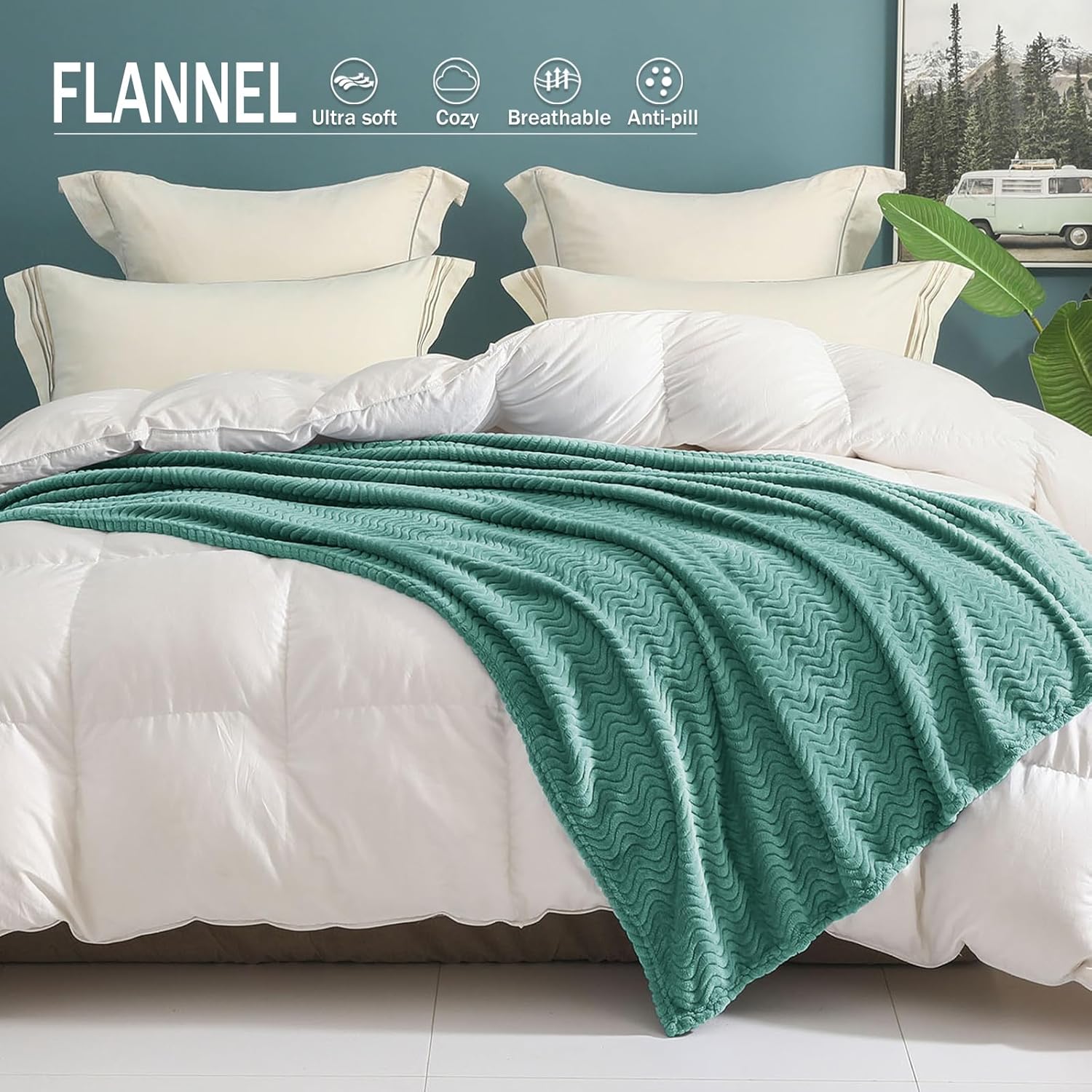 Exclusivo Mezcla Soft Fleece Throw Blanket, Wave Textured Plush, Celadon 127x178cm