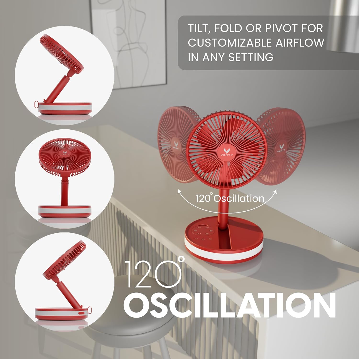 VENTY Portable Fan - Wireless, Battery Operated, 48HR Run Time, Oscillating, Remote Control & LED Lighting, Folding Telescopic Camping Fan (Red with Case)
