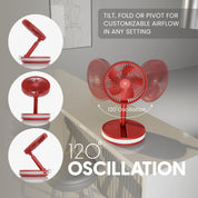 VENTY Portable Fan - Wireless, Battery Operated, 48HR Run Time, Oscillating, Remote Control & LED Lighting, Folding Telescopic Camping Fan (Red with Case)