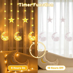 Ramadan Star Moon Curtain Lights – 3M LED Fairy String Lights with USB & Battery Power, 8 Lighting Modes for Indoor Decoration