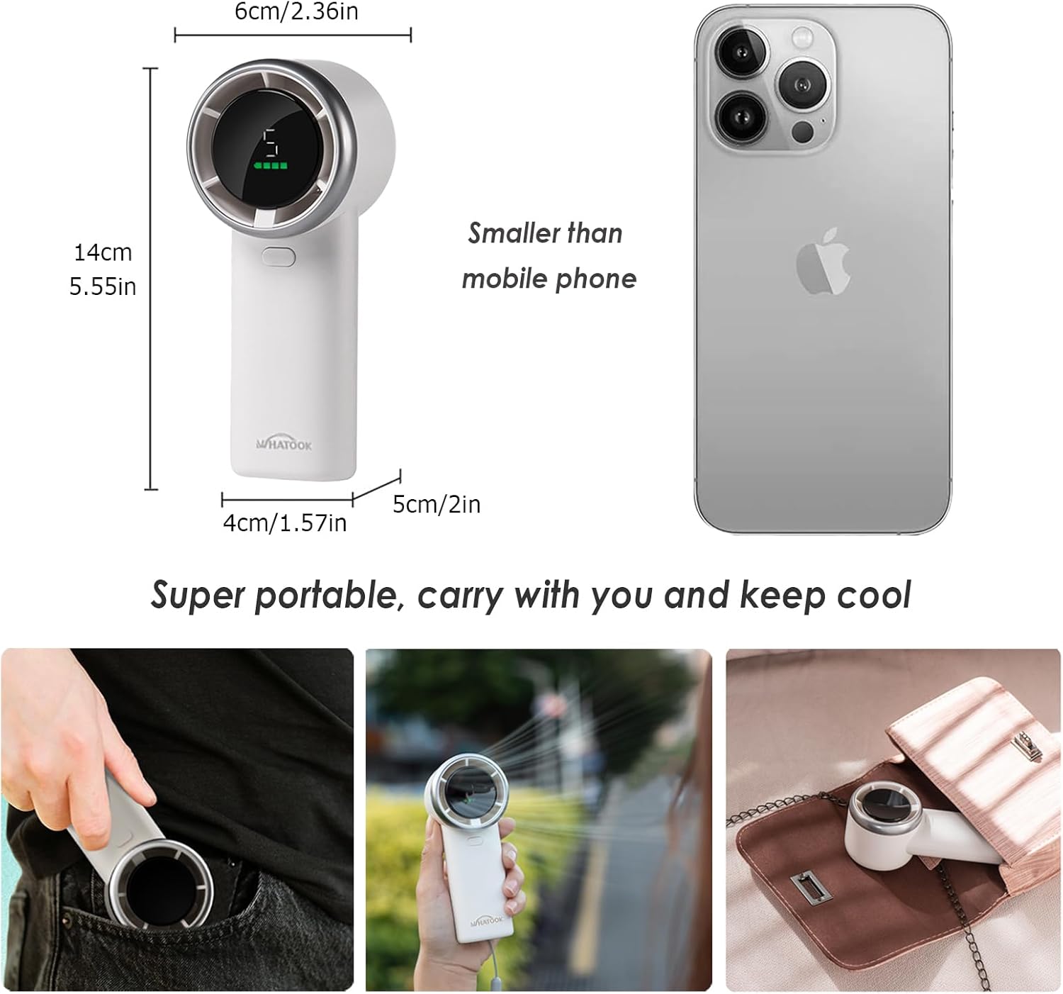 WHATOOK Handheld Fan, 2024 Powerful High Speed Cooling Turbo Mini Fan with LED Display, 5 Speeds USB Rechargeable Portable Fans, 2H Fast charging, Personal Small Stylish Travel Fan for Woman Outdoor