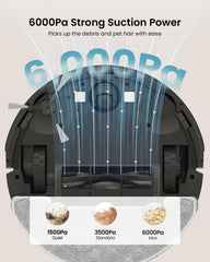 Vexilar Robot Vacuum with Mop – Self-Emptying, 6000Pa Suction, 180 Min Runtime