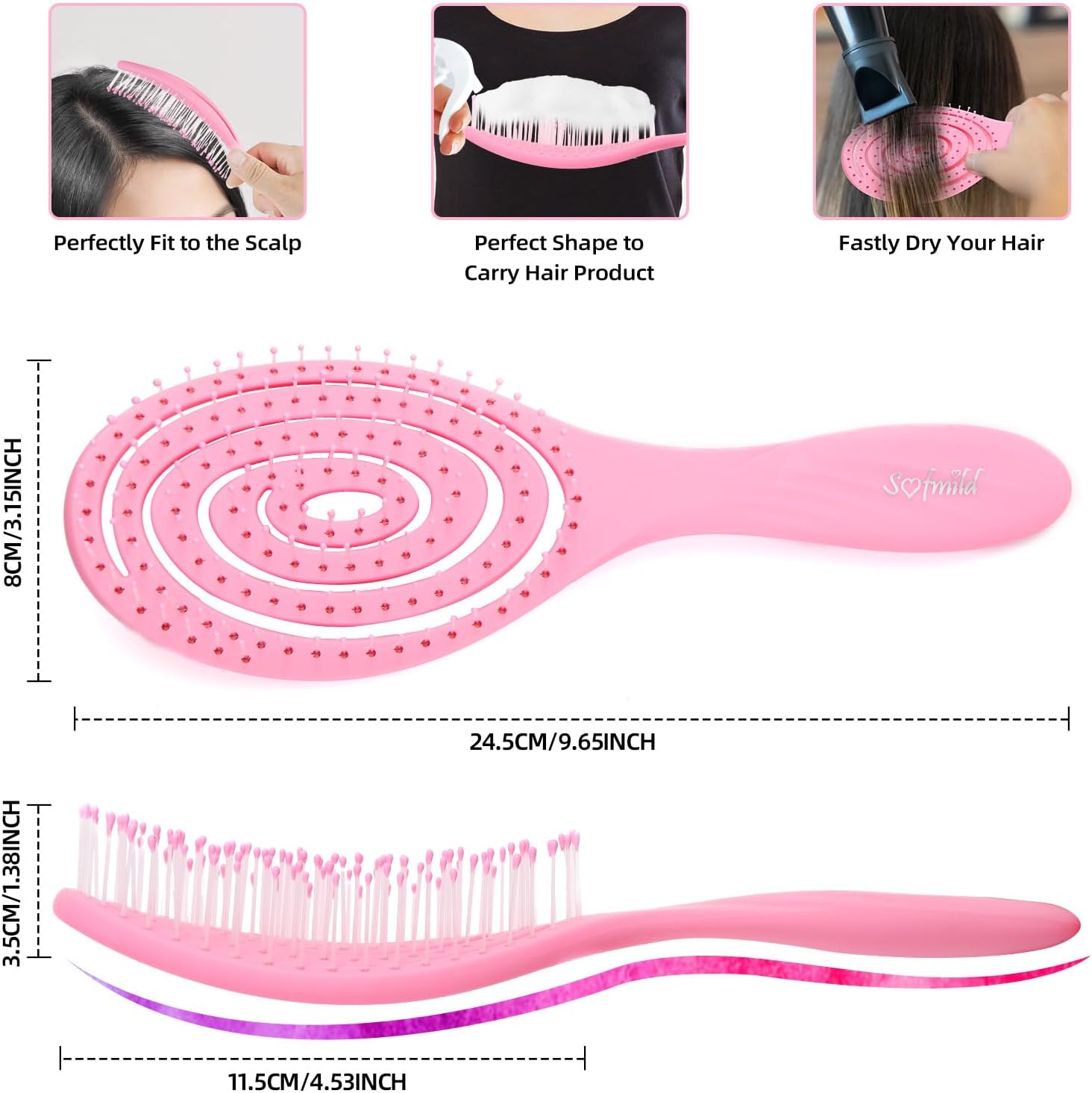 2 Pcs Bio-Friendly Detangling Hair Brush with Soft Bristles for All Hair Types