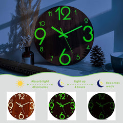 Silent Wooden Wall Clock – Non-Ticking with Night Light for Home & Office