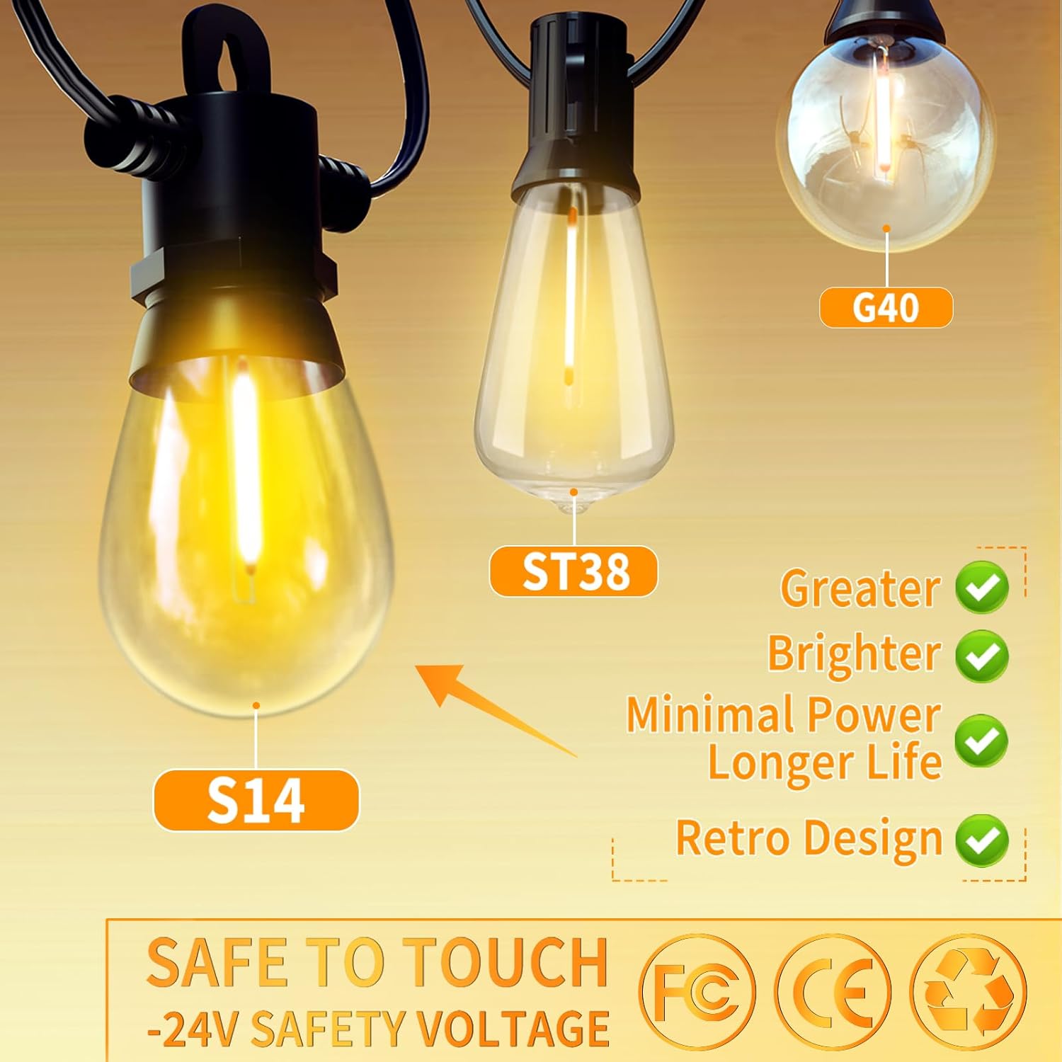 30M Festoon Lights Outdoor 24V with Remote, 32 LED Bulbs