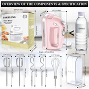 300W Hand Electric Mixer – 5 Speeds + Turbo, 5 Stainless Steel Attachments, Pink, Ultra Power Kitchen Baking Blender