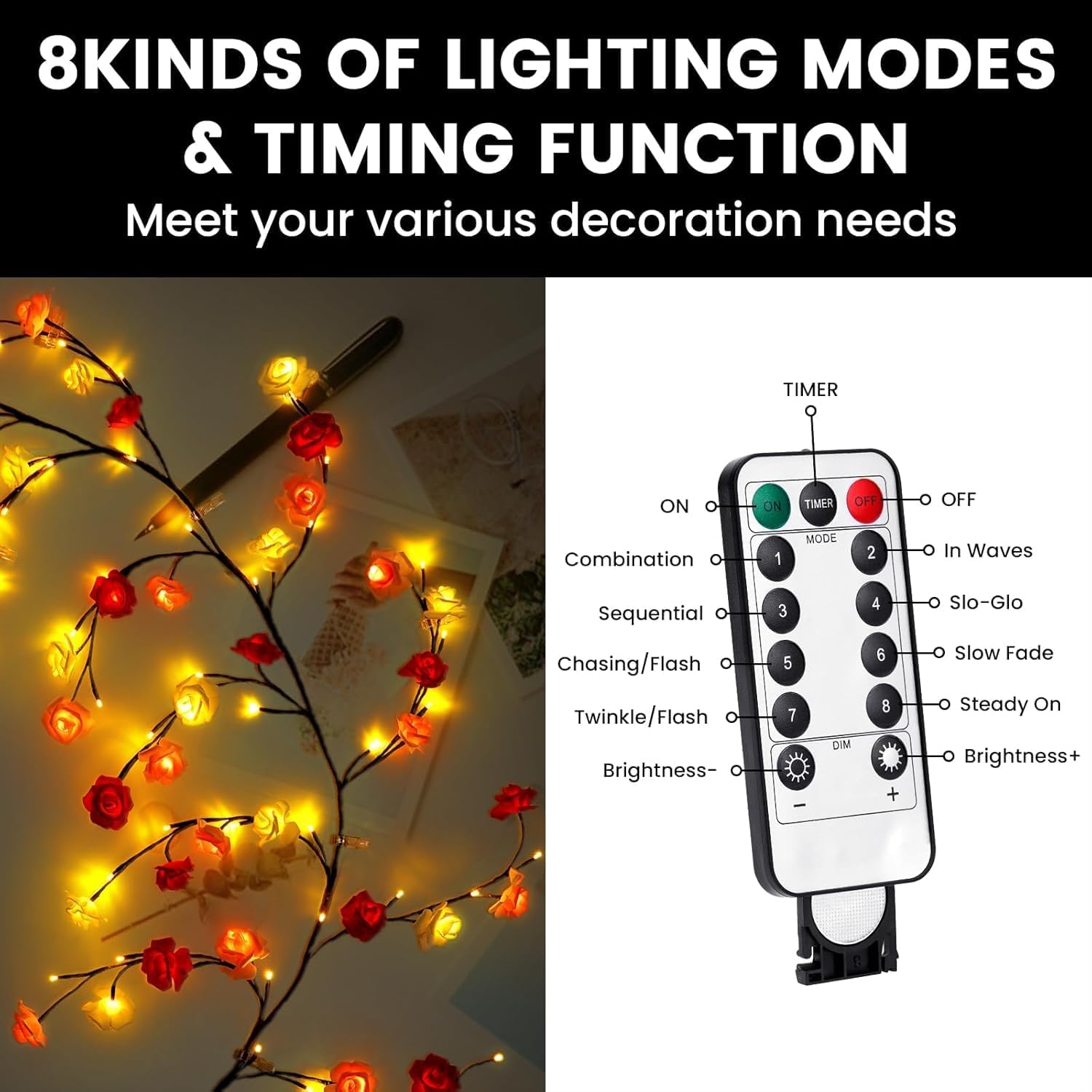 Rose LED Vine Wall Lights with Remote and Timer, 48 LED Fairy Branch Lights for Bedroom Wall Art and Indoor Décor