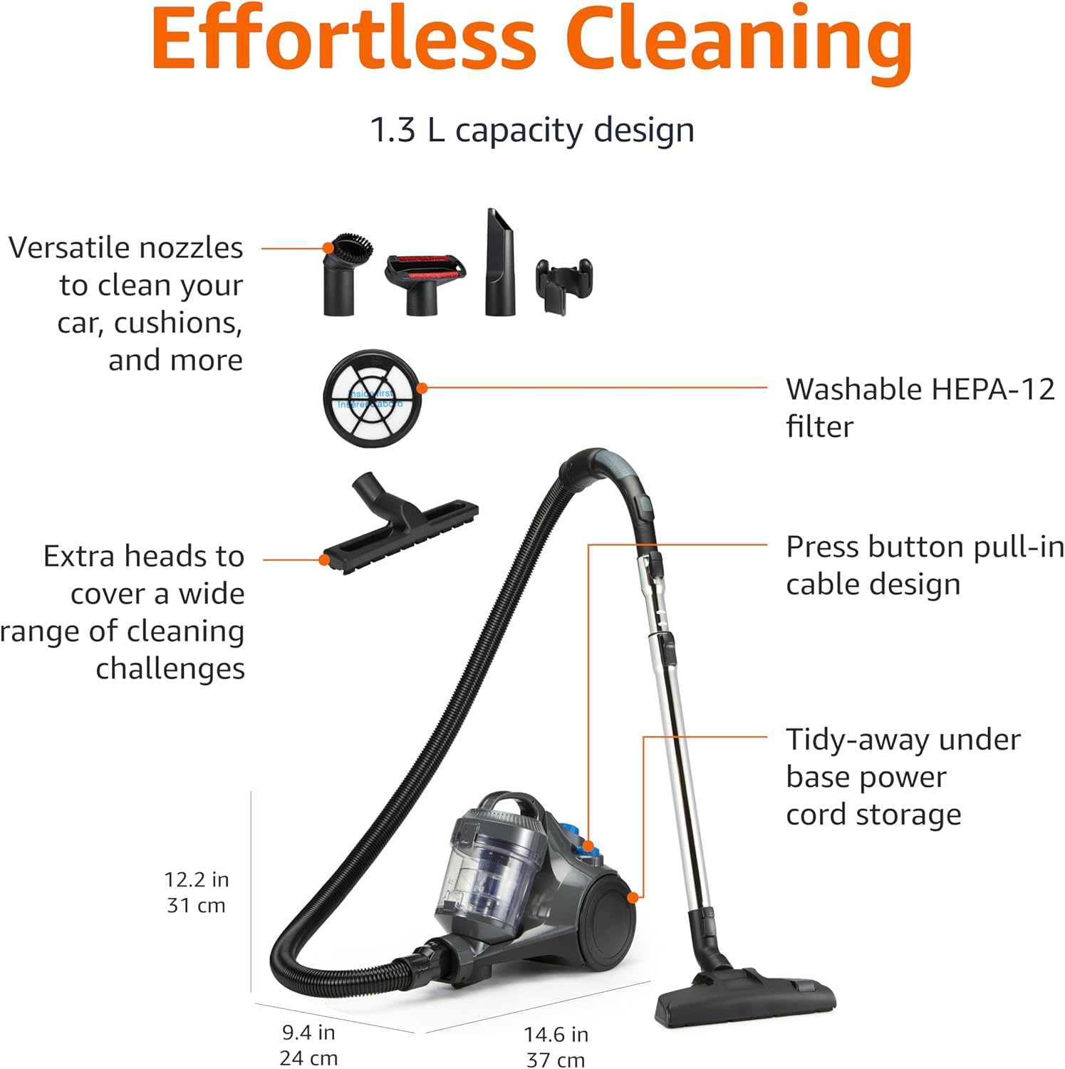 Amazon Basics 850W Bagless Cylinder Vacuum Cleaner – Lightweight 1.3L Compact Design with HEPA Filter & Multi-Surface Nozzle, Grey