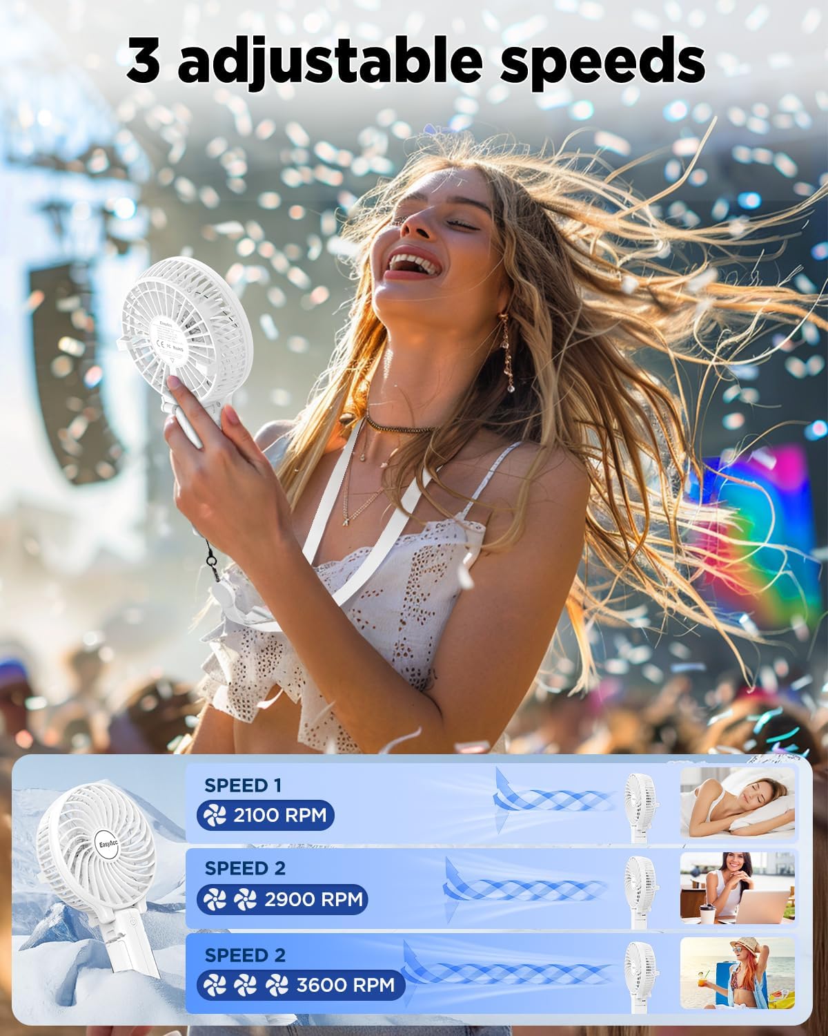 EasyAcc Handheld Fan USB Fans Portable Hand Fan 3 Speeds 180° Foldable with 6 Blades Personal Electric Mini Outdoor Fan with Rechargeable Battery Foldable Handle Desktop for Home Travel Outdoor- White