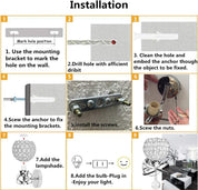 Step-by-step installation guide for a light fixture with labeled steps and images.