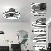 Ceiling fan with semi-enclosed design, sturdy metal body, and minimalist style in a modern room setting.