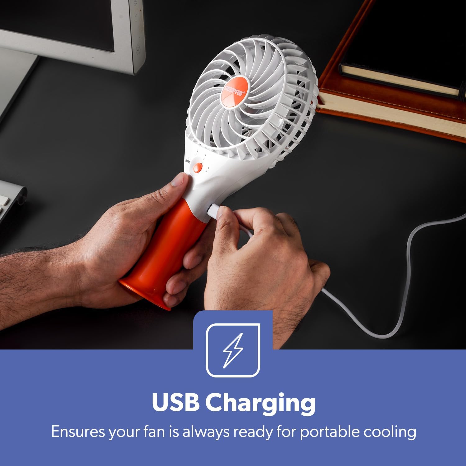 GEEPAS Rechargeable Fan | Mini Portable USB Handheld Fan for Home Office Travel Outdoor Personal Use | 3 Speed Settings 8Hr Run Time | Ultra Quiet Lightweight Air Circulator | 2 Year Warranty Orange