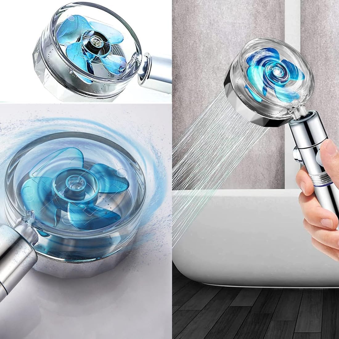 High Pressure Shower Heads, Handheld Turbo Fan Shower with Filters Vortex Hydro Jet Turbo Propeller 360 Degrees Rotating Shower Head(Blue)