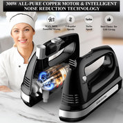Hand Electric Mixer 300W – 5 Speeds + Turbo Boost, 5 Stainless Steel Attachments, Handheld Blender for Baking – Black