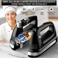 Hand Electric Mixer 300W – 5 Speeds + Turbo Boost, 5 Stainless Steel Attachments, Handheld Blender for Baking – Black
