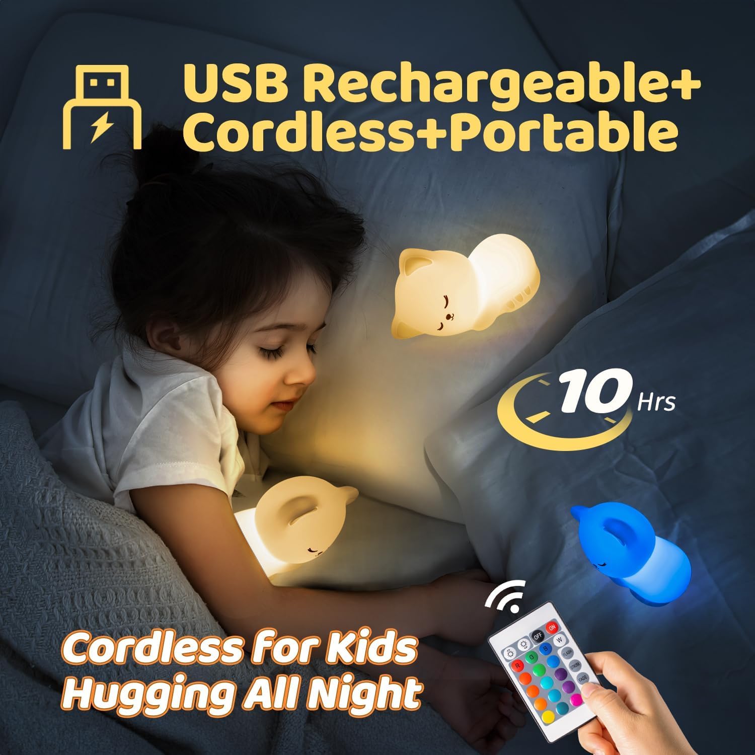 Baby Night Light Kids Lamp, Remote, 16 RGB Colors Cat Night Light, USB Rechargeable Night Light for Newborns, Girls Night Light Kids Bedroom Accessories