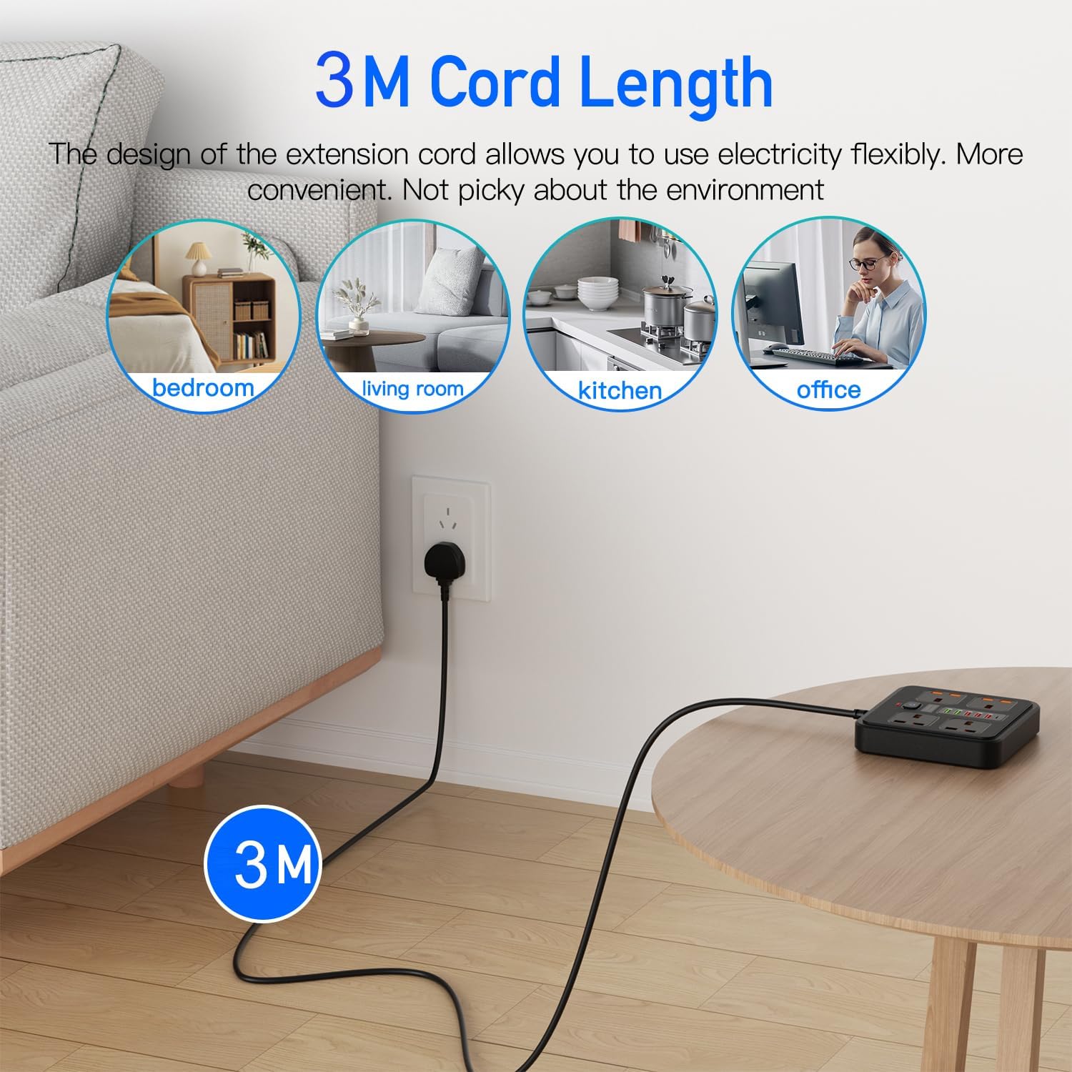 Extension Lead with 4 AC Outlets, 5 USB & 1 Type-C, 3M Surge Protected Power Strip
