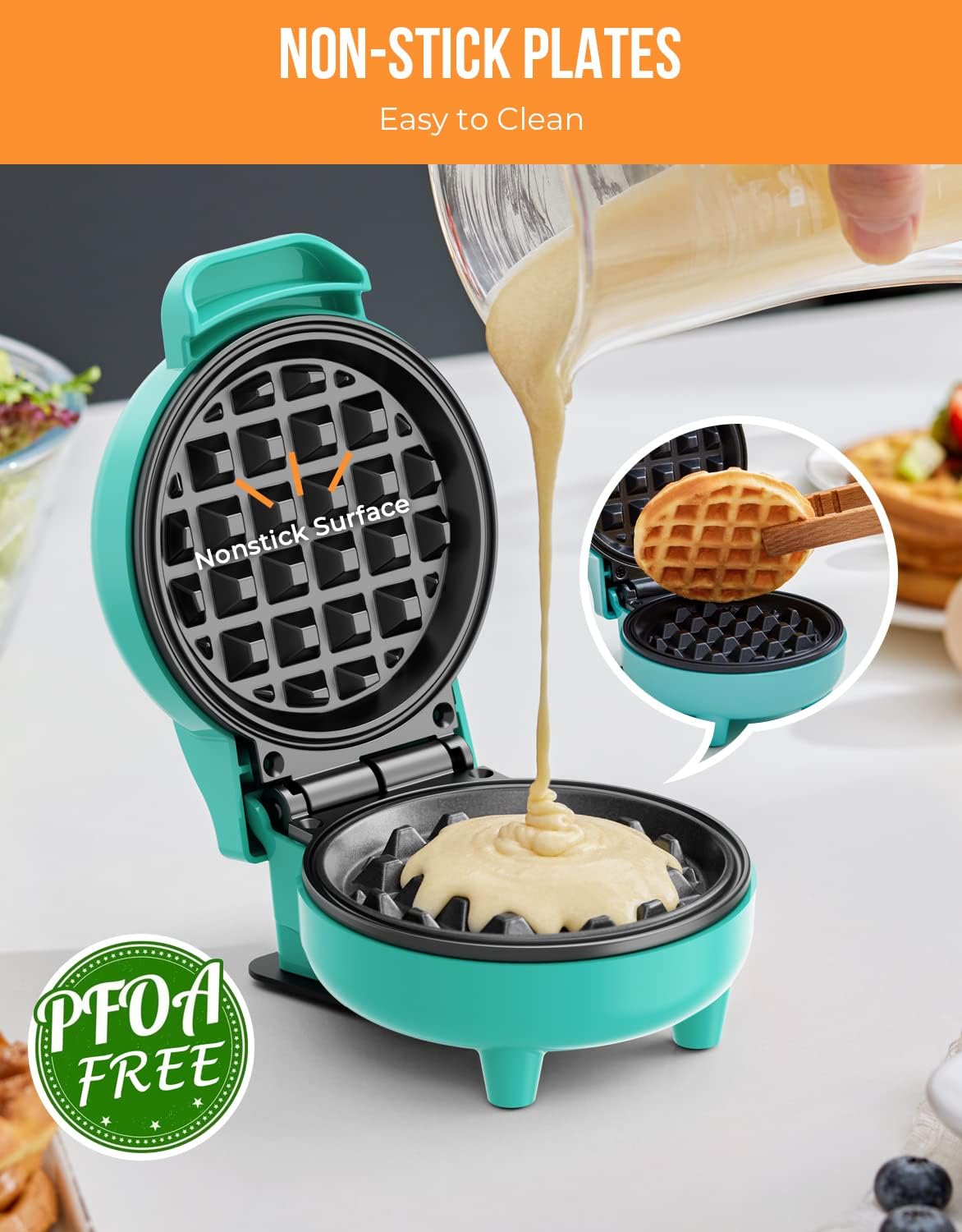Blazant Mini Waffle Maker – 4 Inch Nonstick Compact Waffle Iron, 550W, Portable Breakfast Chaffle & Snack Maker, Blue