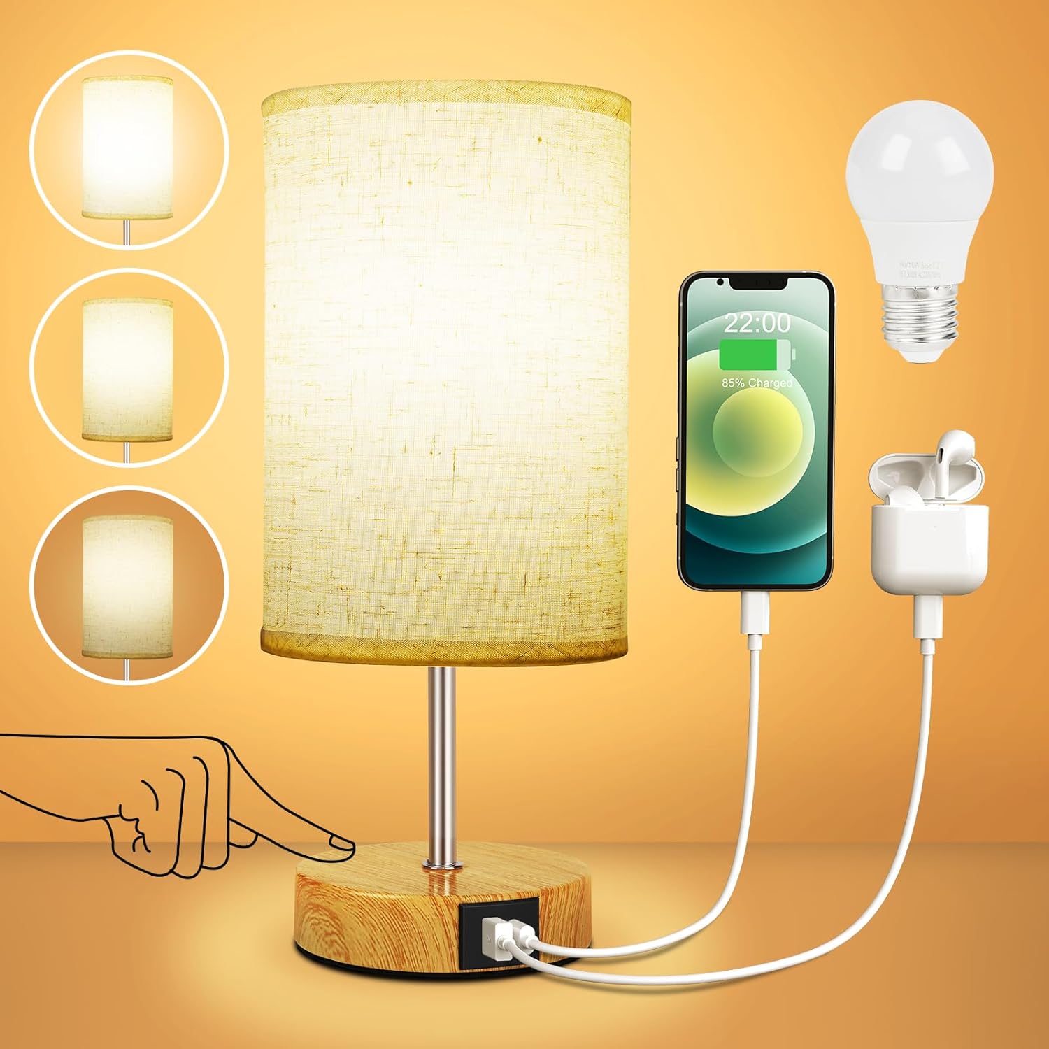 Touch control bedside lamp with 3-way dimming, USB A+C ports, and linen fabric shade. Includes LED bulb.