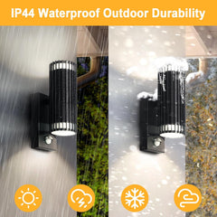Outdoor wall light fixture with IP44 rating shown under rain, snow, and sunlight conditions.