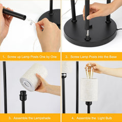 Step-by-step assembly instructions for a lamp with hands performing each step.
