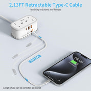 UK to US Plug Adapter with 1.5M Extension Cable, 2 Way Outlets, 3 USB Ports & Retractable USB-C Cable – Type B Travel Adaptor