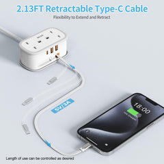 UK to US Plug Adapter with 1.5M Extension Cable, 2 Way Outlets, 3 USB Ports & Retractable USB-C Cable – Type B Travel Adaptor