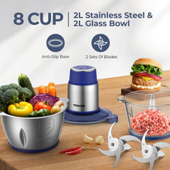 TENKER Food Processor 2L+2L Bowls, Bi-Level Blades, Chopper & Meat Grinder