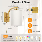 Wall-mounted light fixture with dimensions and compatibility information displayed.