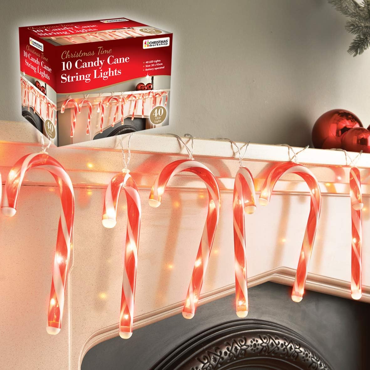 10 LED Candy Cane Christmas String Lights | Indoor Decorations | 1.8M Lead Length with 20cm Long Candy Canes | Battery Operated