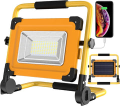 100W Solar 120 LED Rechargeable Work Light, Portable Floodlight 4 Modes Jobsite Construction Lights with Stand, 14000mAH Power Bank Waterproof Spotlight for Car Repairing, Garage, Workshop, Camping