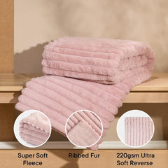 OHS Faux Fur Ribbed Pink Throw – Soft, Warm, Thick Fleece Blanket for Sofa & Bed, 125x150cm
