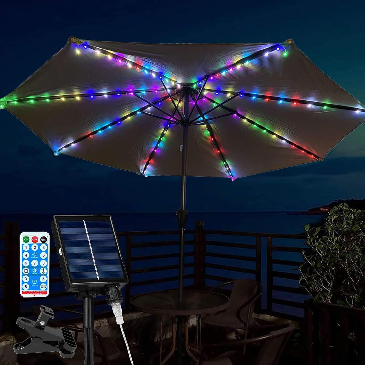 Solar Patio Umbrella Lights, 104 LED, Remote Controlled, 8 Modes (Warm White)