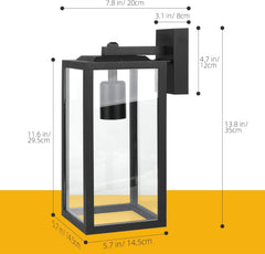 Black outdoor wall lantern with clear glass panels and dimensions displayed.