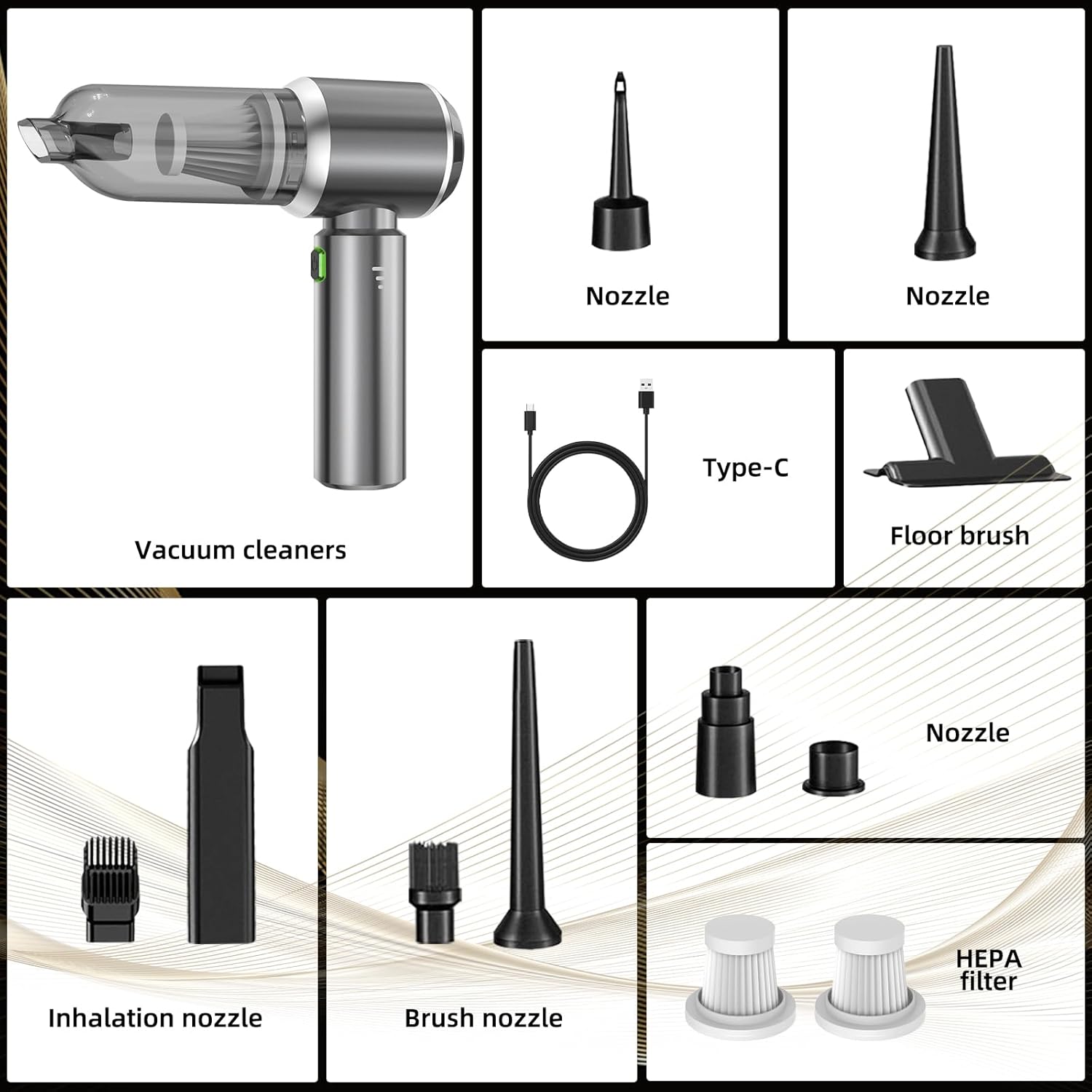 Handheld Vacuum Cleaner 22000Pa Cordless Silver Gray, Mini Hoover