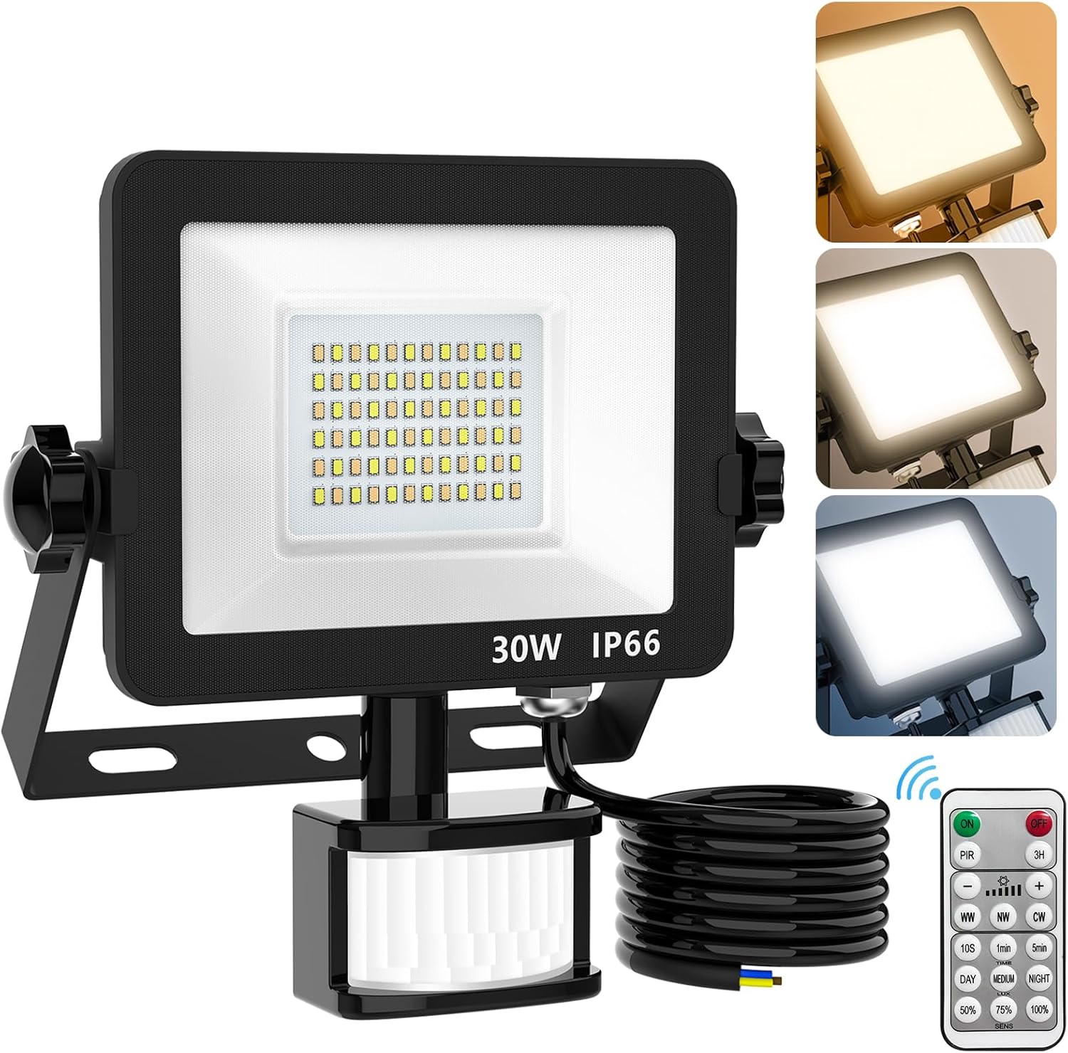 30W LED Security Light, Motion Sensor, 3 Color Adjustment, IP66 Waterproof, Remote Control for Garden & Garage