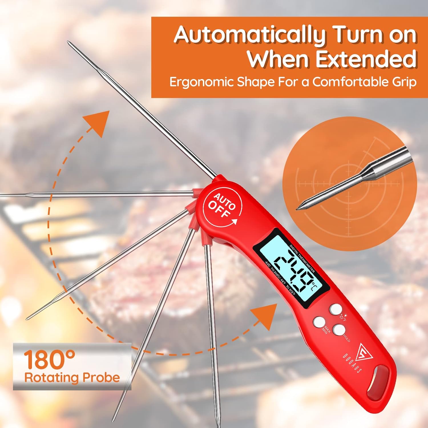 Digital Instant Read Meat Thermometer Red – Ultra-Fast Cooking Probe with Backlit LCD