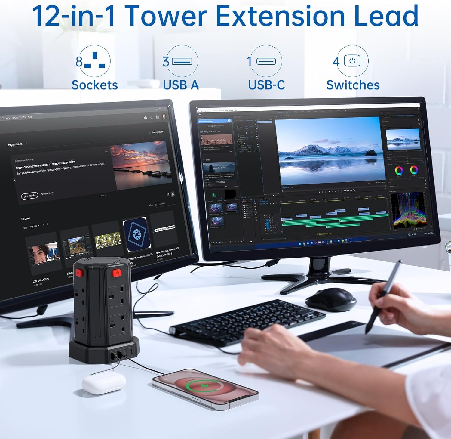 Tower Extension Lead 8-Way [13A 3250W] with 4 USB Ports, Surge Protected Power Strip 3M