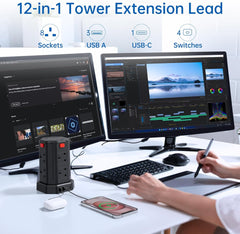 Tower Extension Lead 8-Way [13A 3250W] with 4 USB Ports, Surge Protected Power Strip 3M