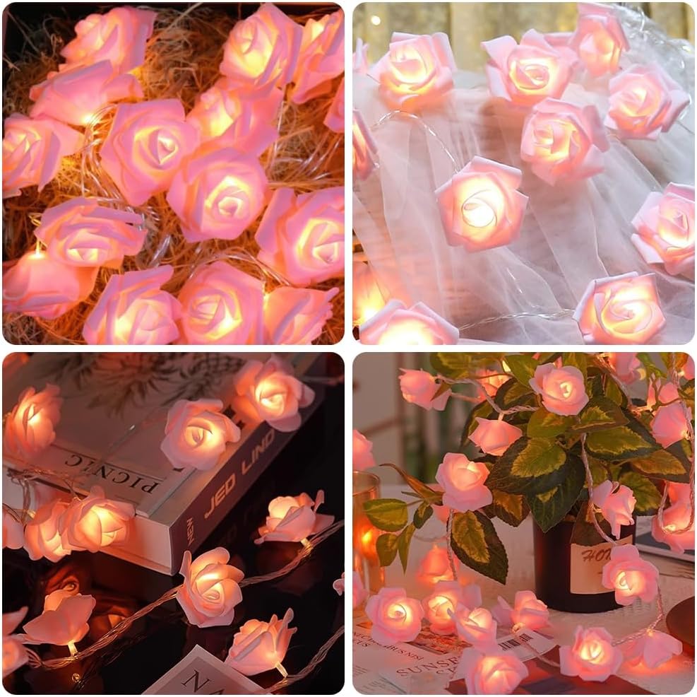 Pink Rose Flower Fairy String Lights 6M with 40 LEDs, Battery Operated Decorative Lights for Romantic Décor