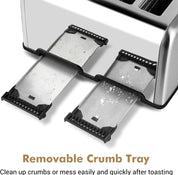 4 Slice Stainless Steel Toaster with Extra-Wide Slots, 6 Browning Settings, Defrost, Reheat & Cancel Functions