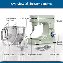 Vospeed Stand Mixer 5QT 1000W Tilt-Head Kitchen Mixer – 8 Speed Electric Food Mixer with Dough Hook, Whisk, Beater & Bowl – Green