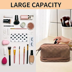 Large Capacity PU Leather Travel Makeup Bag with Handle, Portable Cosmetic Organizer