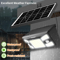 Solar light fixture with weather resistance features in a rain scene
