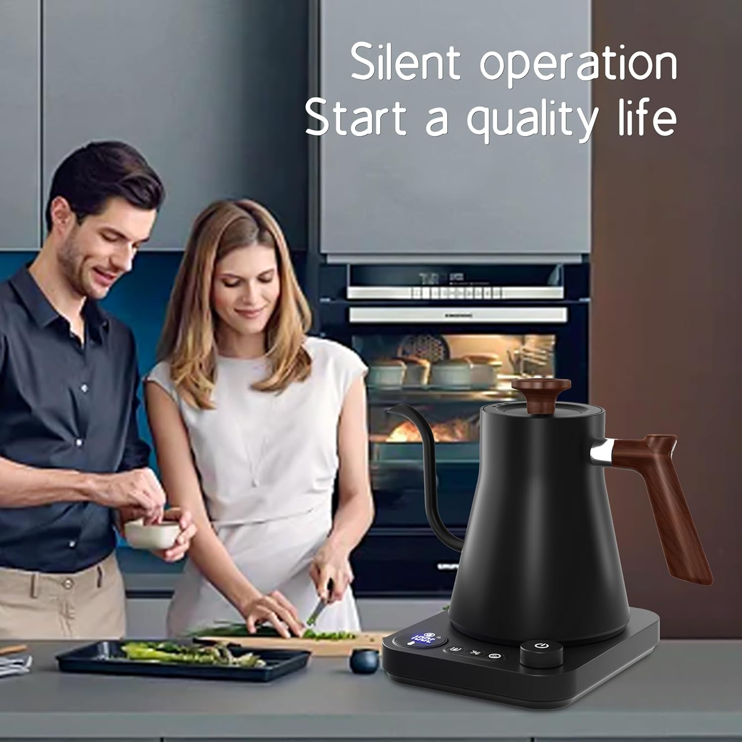 RHD Electric Gooseneck Kettle 0.9L – LCD Display, Real-Time Temp Control, 1200W Fast Heat, 304 Stainless Steel, Matte Black