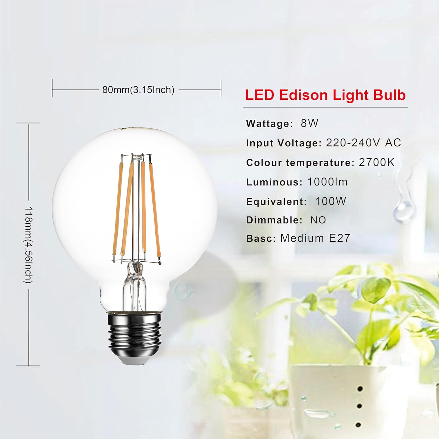 G80 E27 Vintage Globe LED Bulbs 8W 1000lm 6 Pack