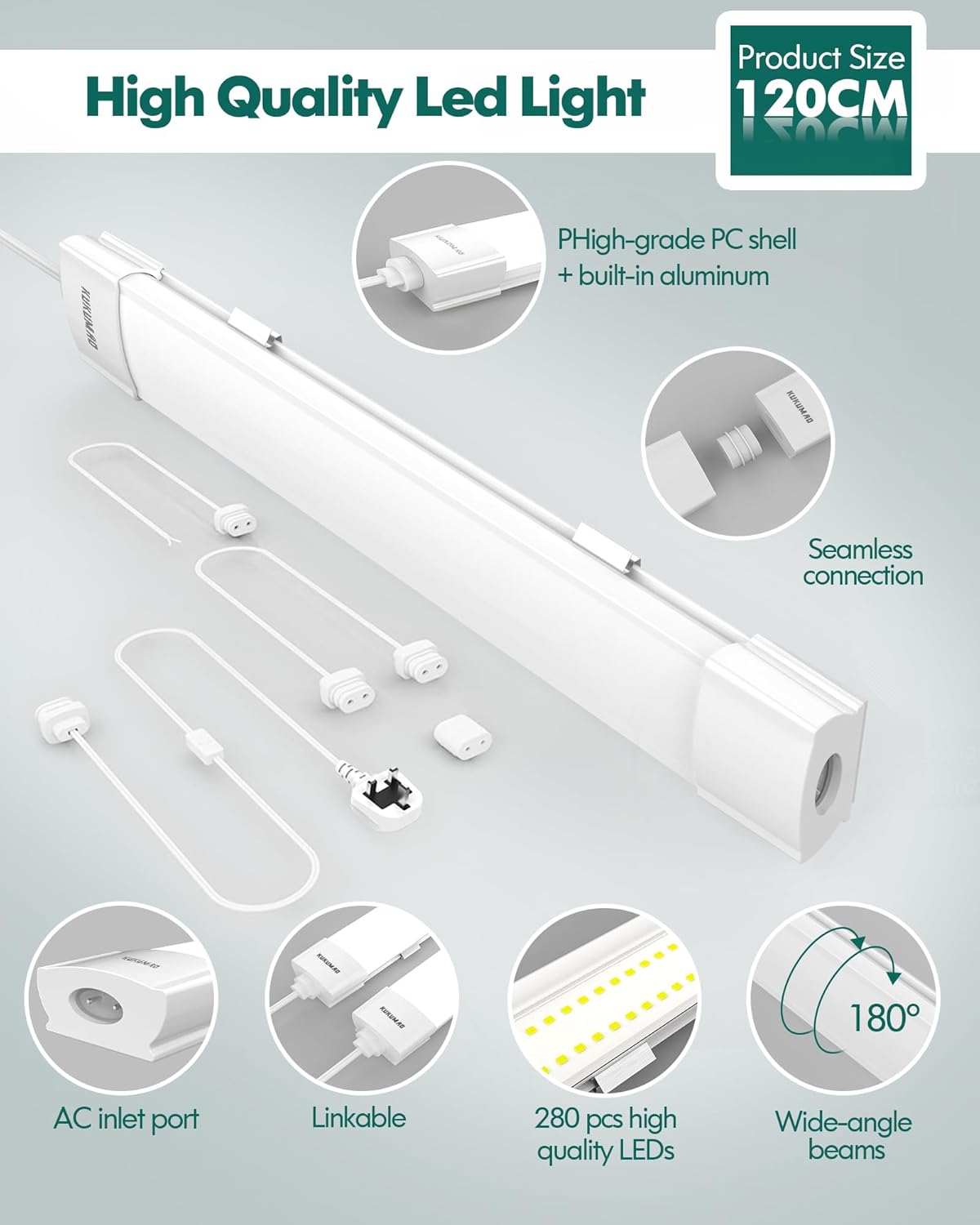4FT LED Batten Light 36W 6000K Daylight, Linkable IP65 Fluorescent Strip