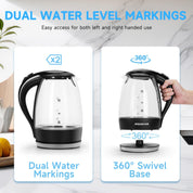 Glass Electric Kettle 1.7L, 2200W Fast Boil, LED Light, Auto Shut-Off
