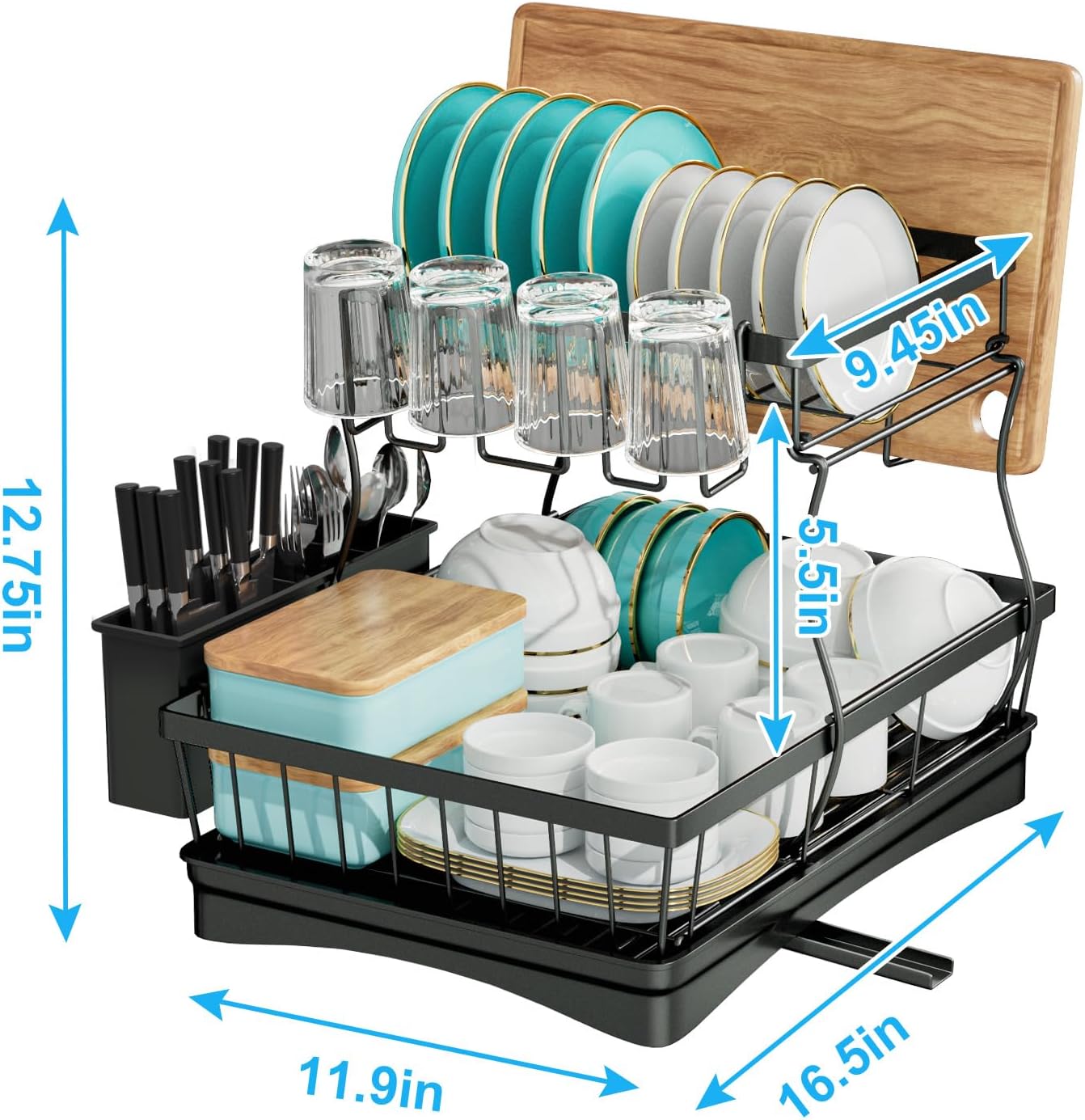 7 Code 2-Tier Large Dish Drying Rack – Black Detachable Drainer with Utensil Holder