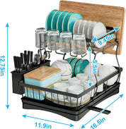 7 Code 2-Tier Large Dish Drying Rack – Black Detachable Drainer with Utensil Holder